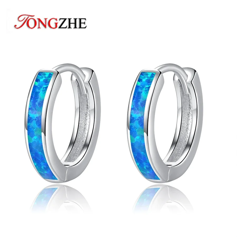 TONGZHE Female Blue Opal 925 Sterling Silver Wedding Earrings Jewelry Classic Dainty Bridal Round Hoop Earrings For Women