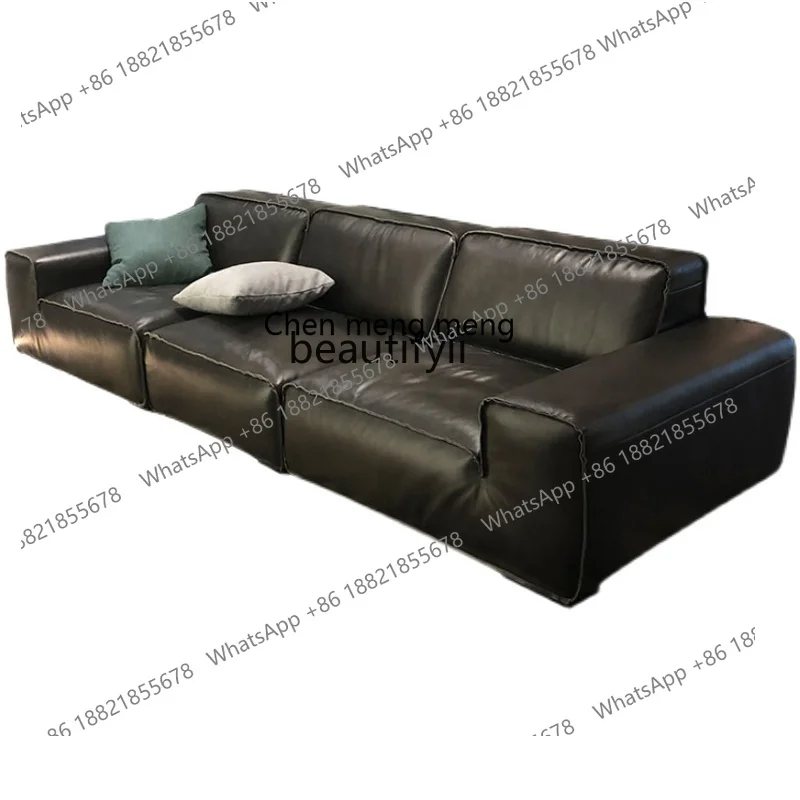 Leather Sofa Simple Italian Imported First Layer Cowhide down Lazy Soft Bag Solid Wood Frame Minimalist Straight Combination