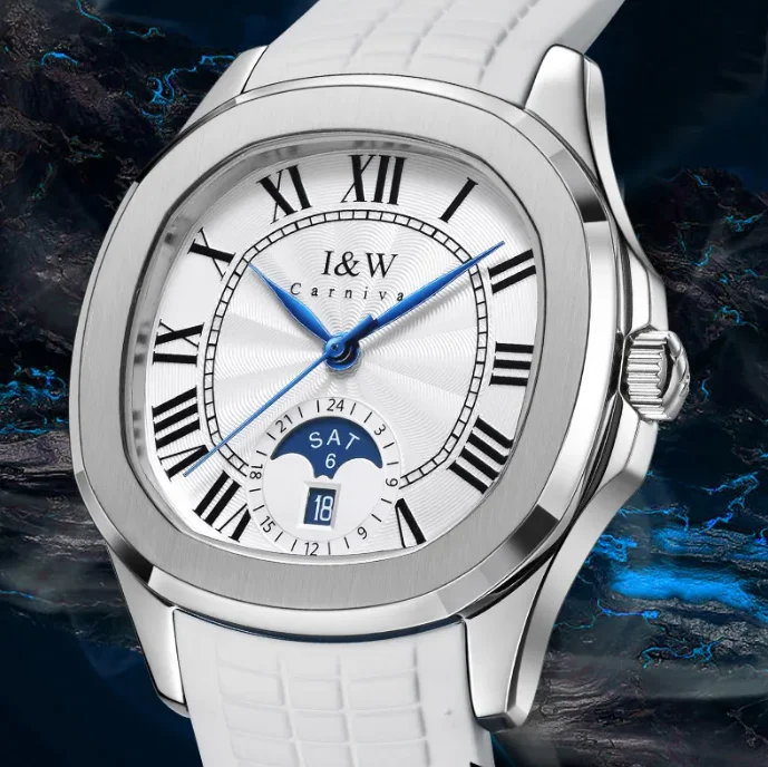 I&W Men Automatic Watch 41mm Square Mechanical Wristwatch Sapphire Luminous 50m Waterproof Dual Calendar Week Date