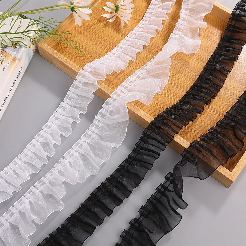 

40 Yards Bead Black White Gold Edge Skirt Lace Fold Falbala Ruffled Lotus leaf Ribbon Hair Bows DIY Accessories 962