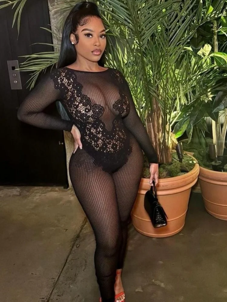 

Wmstar Jumpsuit Women Wholesale Round Neck Backless Slimming Sexy See Through Long Sleeved One Piece Knitted One Piece Outfits