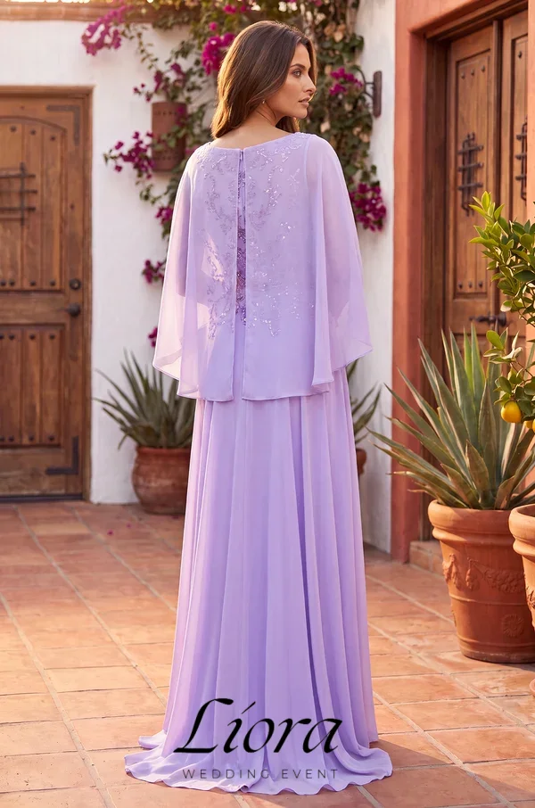 Liora Customized A Line Chiffon Mother of Bride Dress Illusion Neck Cape Sleeve Beaded Lace Formal Evening Wedding Guest Gowns