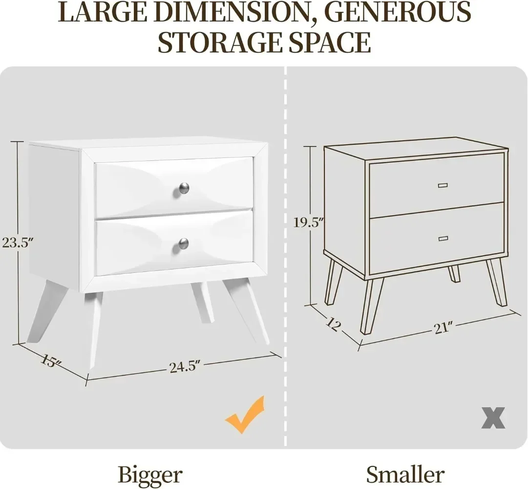 Table de chevet moderne pour chambre à coucher, grande table de chevet avec pieds en bois massif et rangement, 2 portes de proximité, 24.5 ″ L× 15 ″ W× 23.5 ″