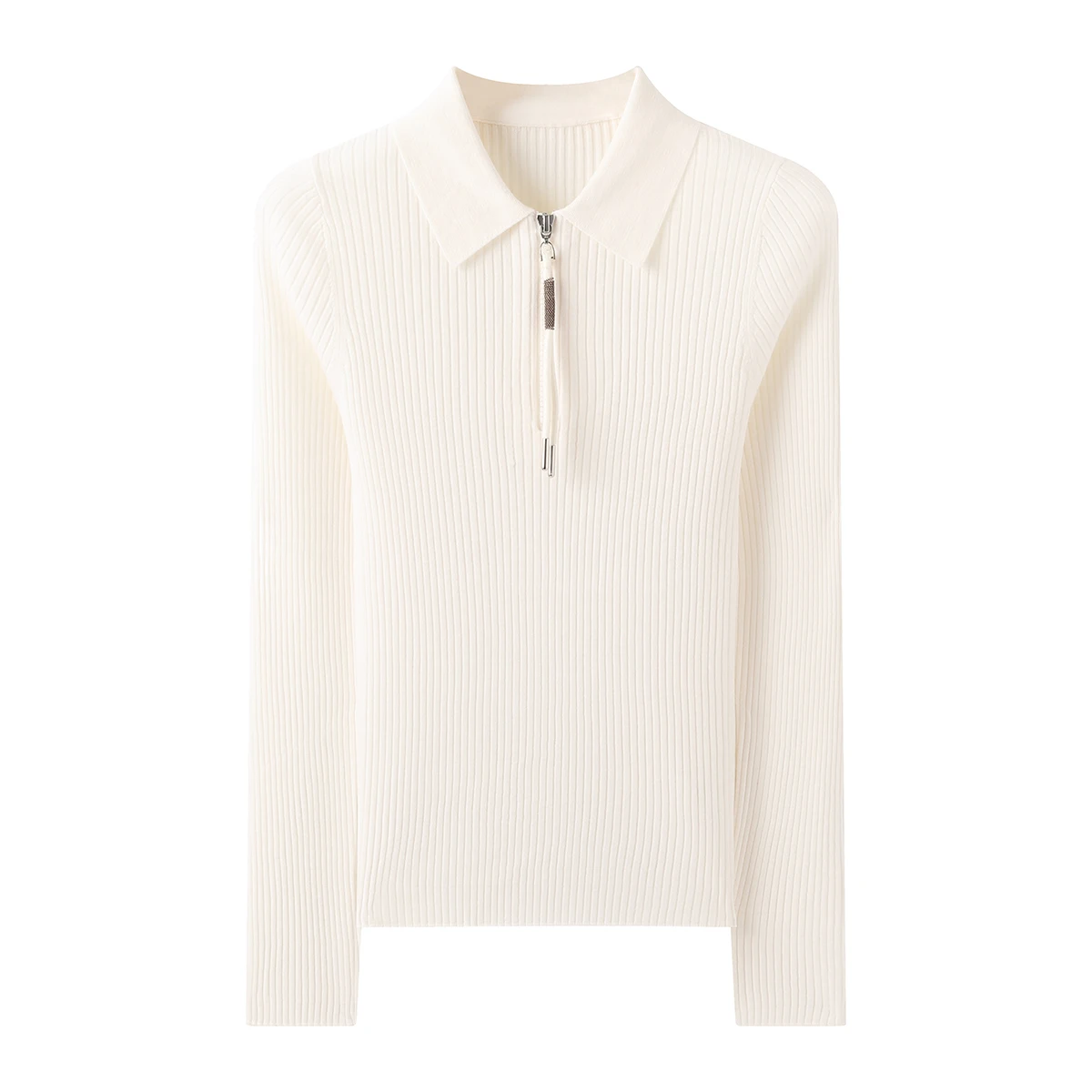 BY4521226 Women's 100% Wool Ribbed Knit Quarter-Zip Polo Pullover Sweater Long Sleeve Fall Fashion
