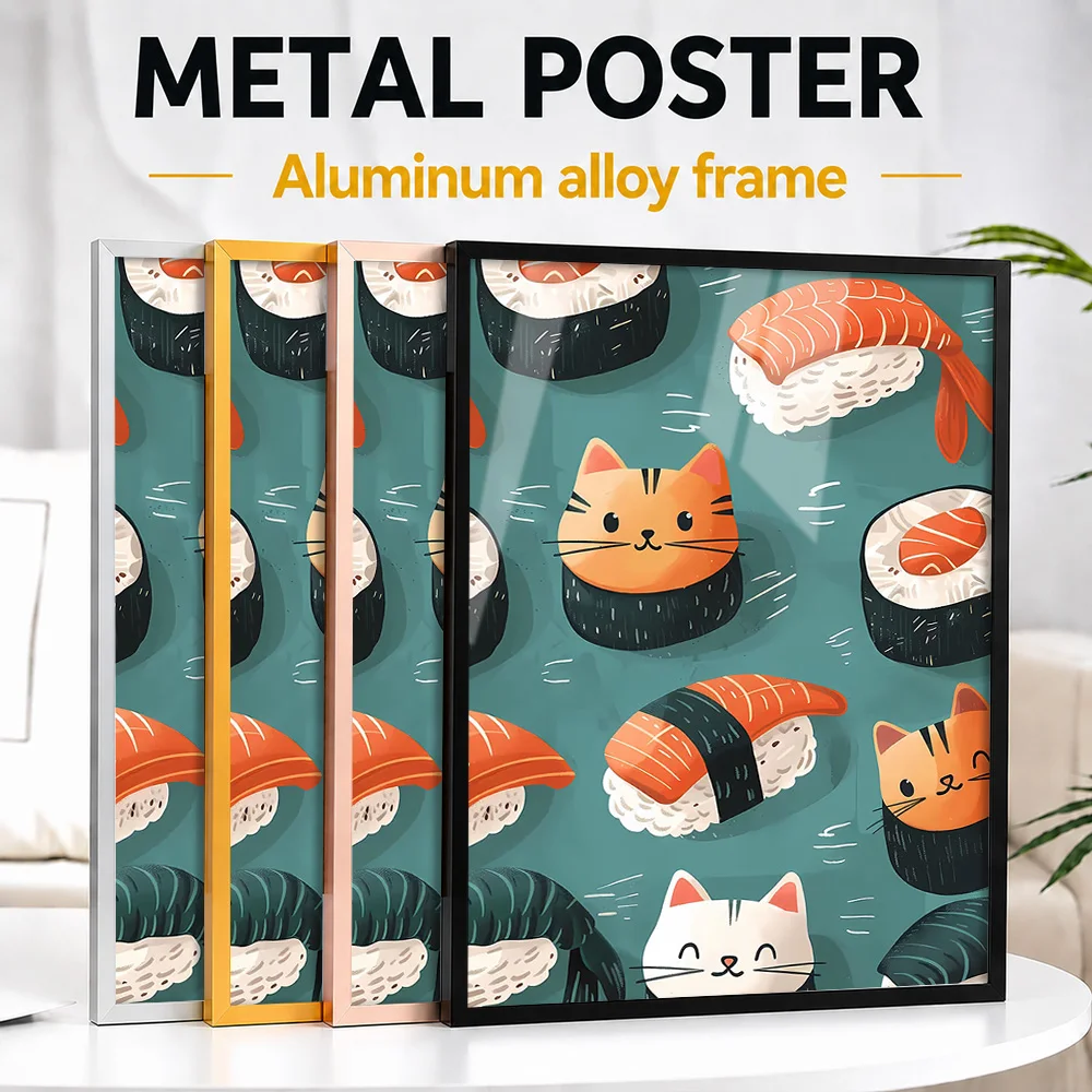 Cute Sushi Cats Metal Poster With Aluminum Alloy Frame Personalized Comic Style Wall Art For Cafe And Kitchen Breakfast Area