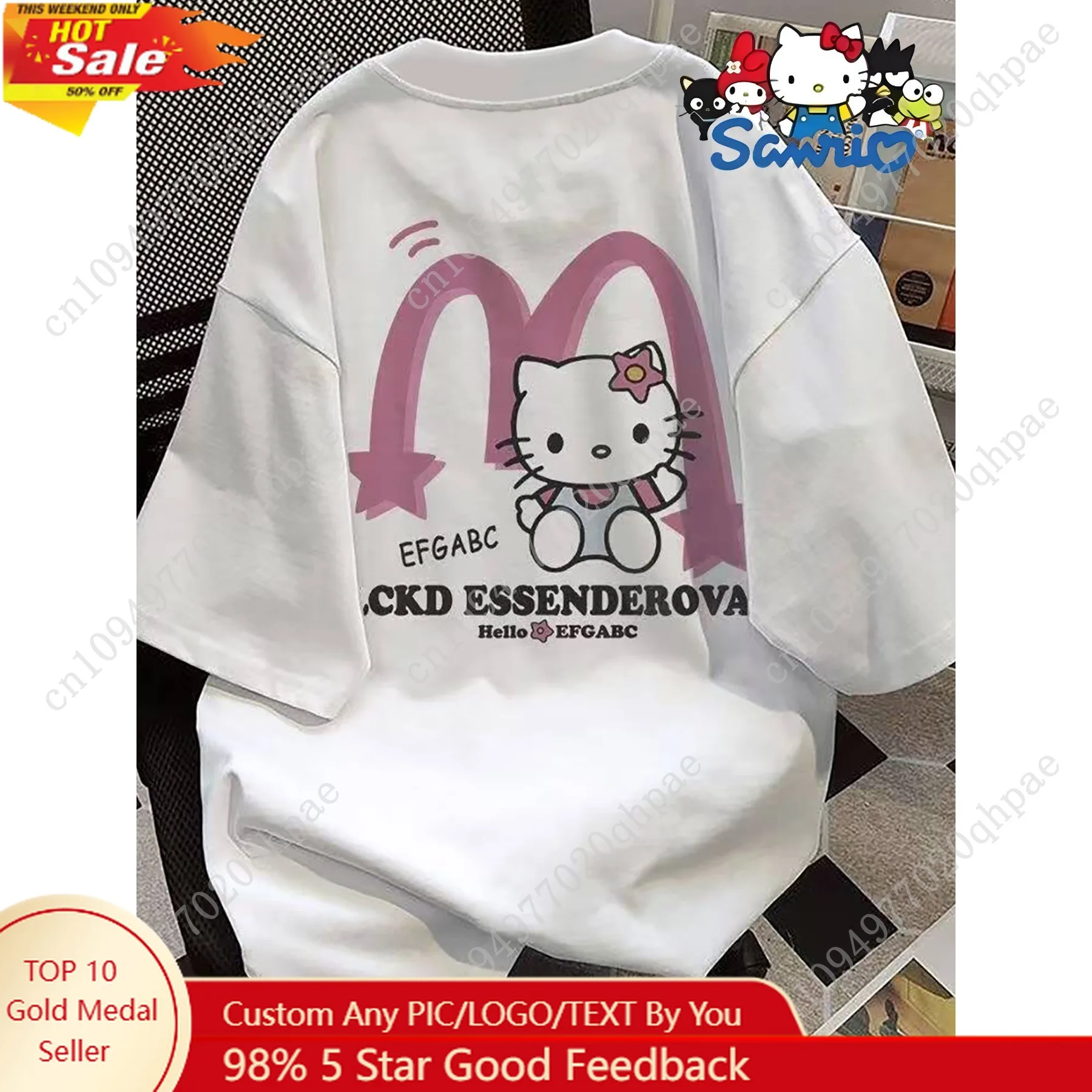 

Sanrio Hello Kitty My Melody Graphic T-Shirt Light Blue Long Sleeve Crew Neck Cute Anime Design with Pink Bow for Man Woman