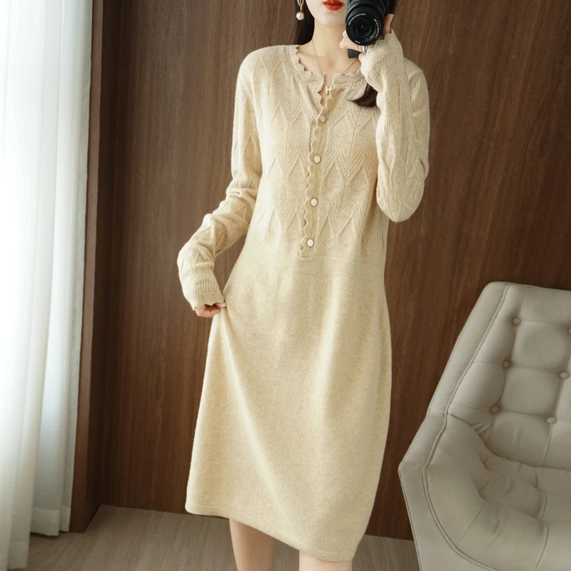 4 Colors New 2025 Simple and Elegant 100% Pure Wool Knit Dress Long Sleeve O Neck Ladies Cashmere Dress Pullover Long Sweater