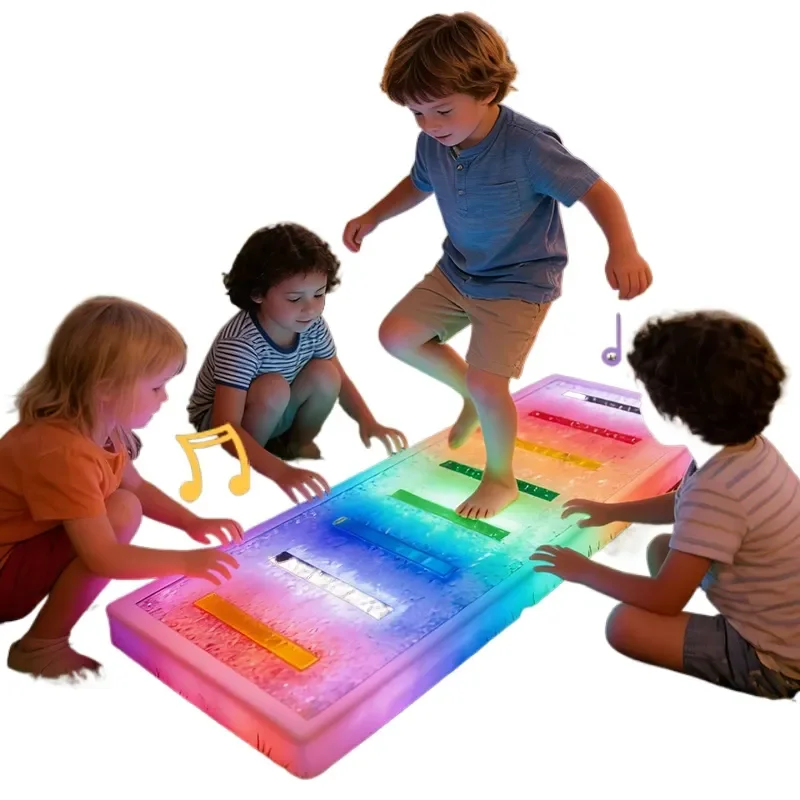 Sensory training equipment integrating light patterned floor tiles and musical children's toys