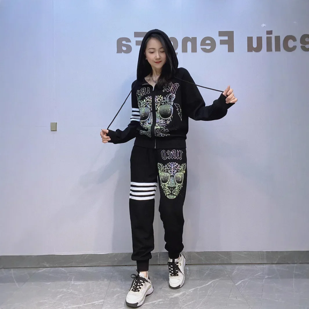 

Casual Tracksuit Hooded Zipper Cardigan Pants Set Women Sporty Clothing Cartoon Diamonds Loose Two Piece Sets Womens Outifits