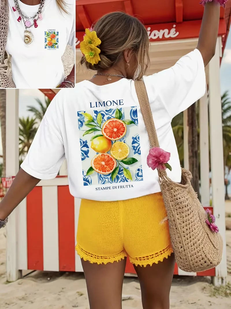Buon Giorno Lemon Vacation Print T Shirt Casual Loose Streetwear Daily Wear Short Sleeve Summer 2026 New Arrival Top For Women
