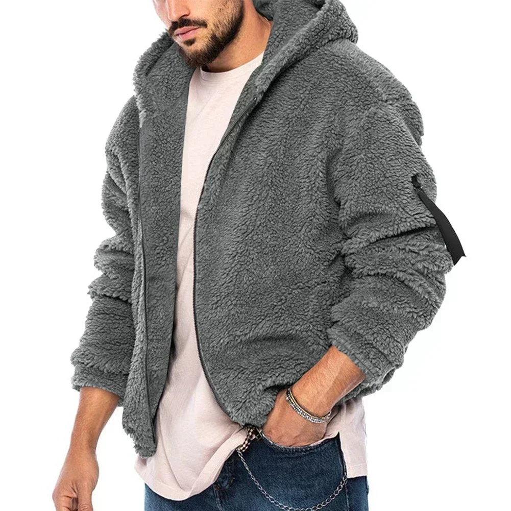 

Fashion Men's Winter Warm Fleece Fur Fluffy Hooded Coat Jacket Zip Up Solid Color Outwear Streetwear Jackets Clothing