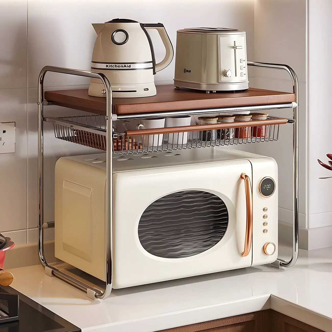 2 Tier Stainless Steel Microwave Oven Rack With Pull Out Basket Wood Countertop Kitchen Storage Shelf For Toaster Kettle Spice