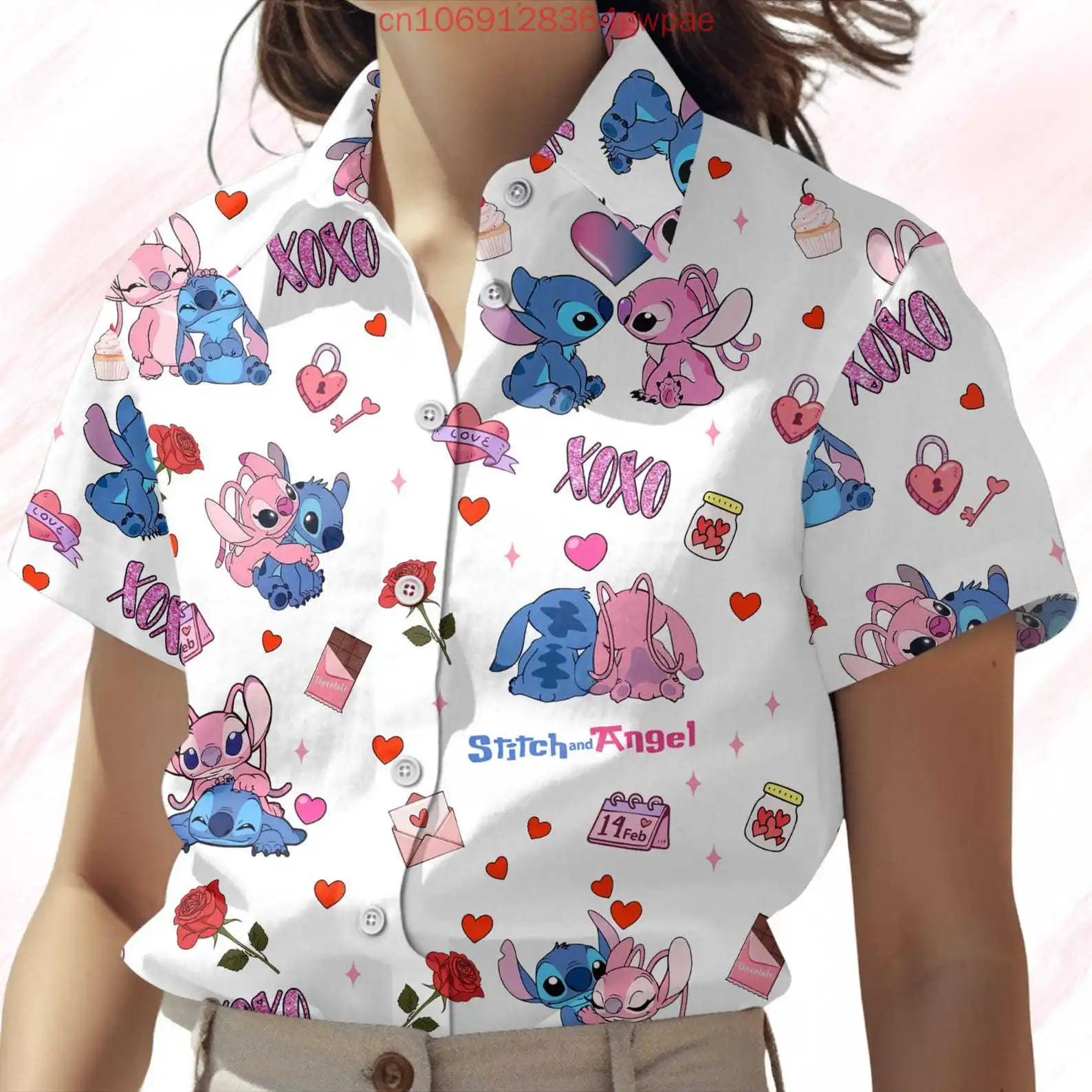 Stitch and Angel Hawaiian Shirt Women's Short Sleeve Button Shirt Disney Summer Men's Casual Beach Vacation Sun Protection Shirt