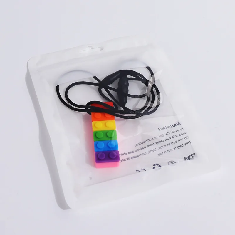

1PC Rainbow Brick Chew Necklace FoodGrade Silicone Baby Teething Toy Sensory Stimulation for Autistic Children