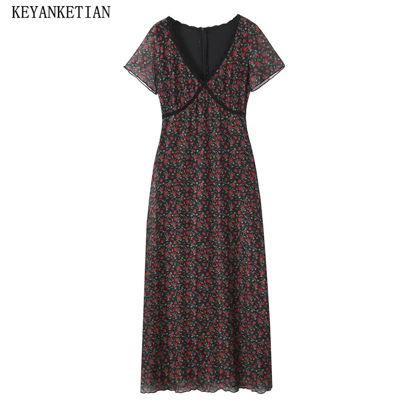 

KEYANKETIAN French Style Holiday wind Rose Print Sheath Dress Summer Low cut V-Neck Short Sleeve Women Romance Mesh MIDI Dresses