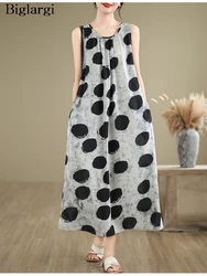 Oversized Summer Sleeveless Polka Dot Print Long Dress Women Loose Ruffle Pleated Fashion Ladies Dresses A-Line Woman Dress