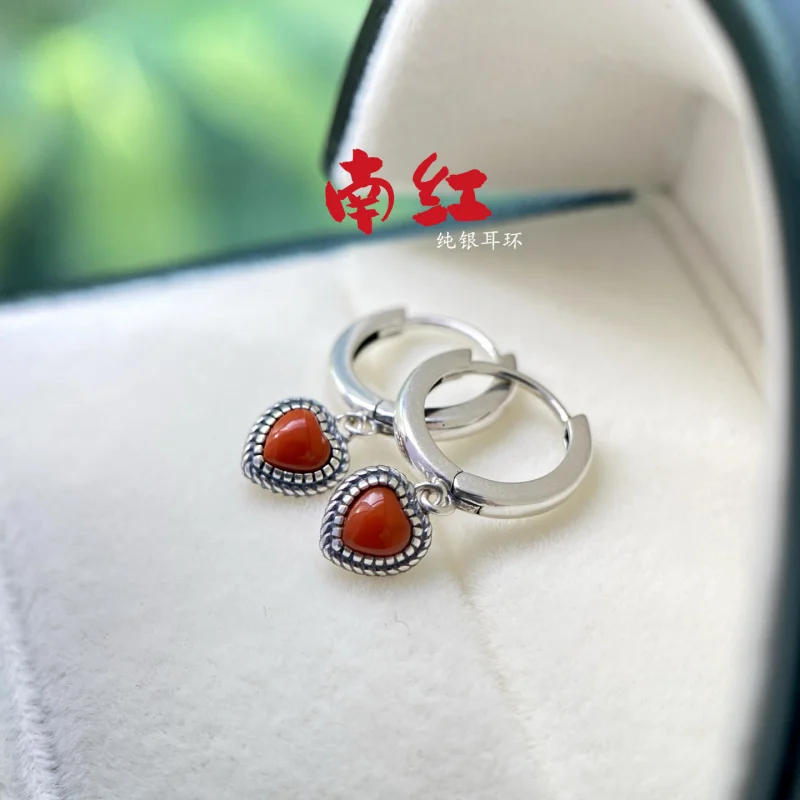 

Natural Heart-Shaped Full S925 Sterling Silver Inlaid Red Earrings Small Tassel Ear Jewelry