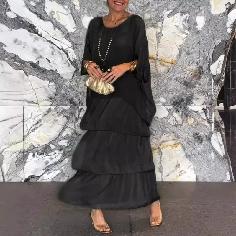 Female Elegant Floral Print Chiffon Boho Long Dress Spring Round Neck Women Pullover Dress Half Bat Sleeve Cake Skirt Dress