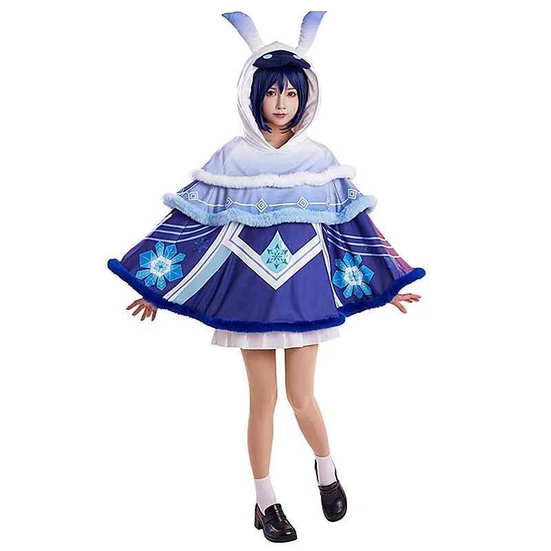 

Genshin Impact Hilichurl Cosplay Costume Anime Women Daily Blue Cloak Coat Plush Hood in Autumn and Winter for 2022 Sizes S-XL