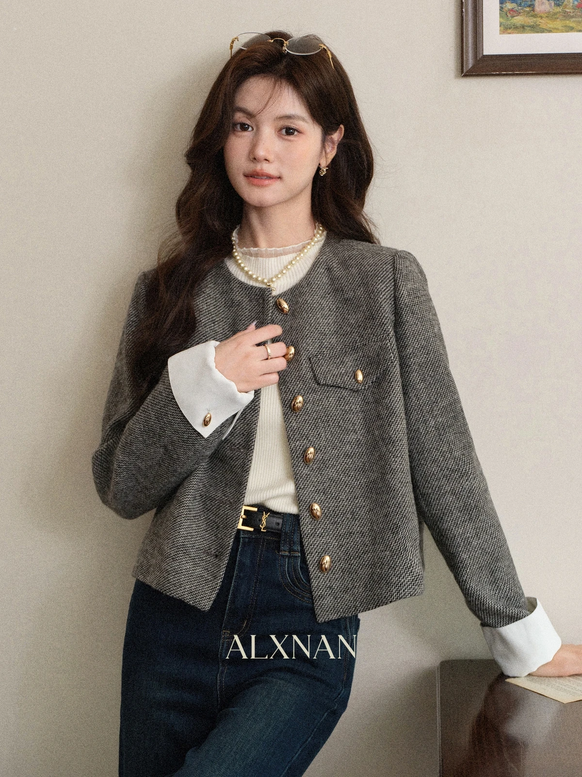 ALXNAN Plus Größe Off-white Gestrickte Pullover frauen Herbst Langarm Mesh Spleißen Pullover 2025, Elegante Casual Tops D57808