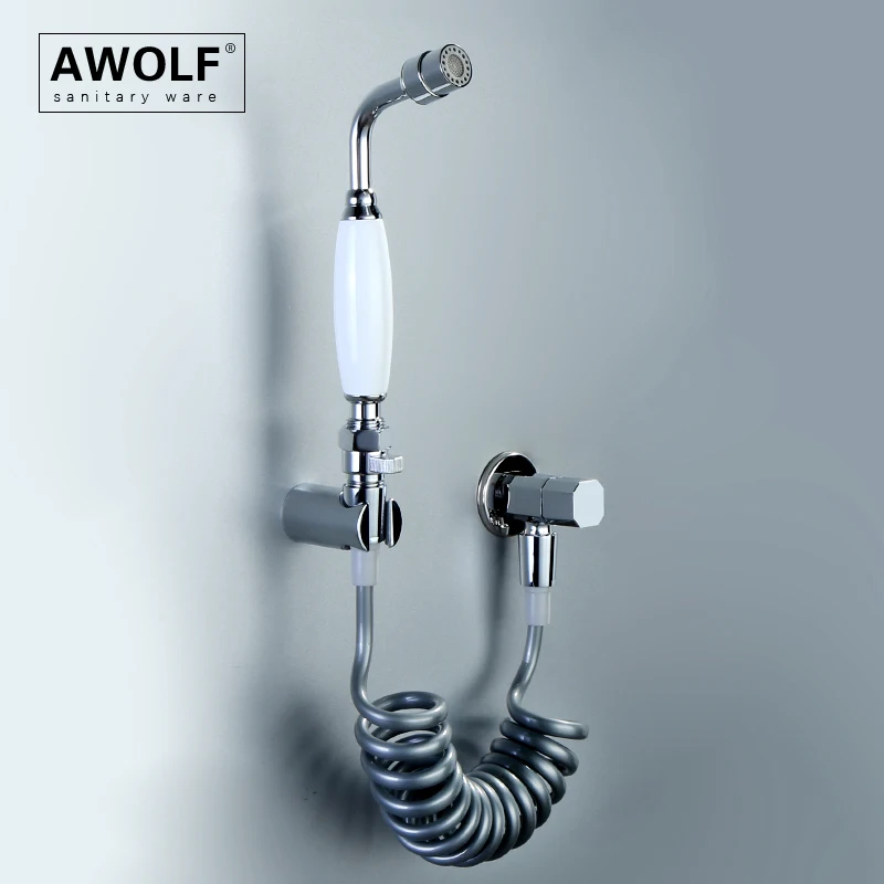 Awolf Two Function Hygienic Shower Head Chrome White Handheld Toilet Bidet Sprayer Set Solid Brass Soft Water Anal Shower AP2349