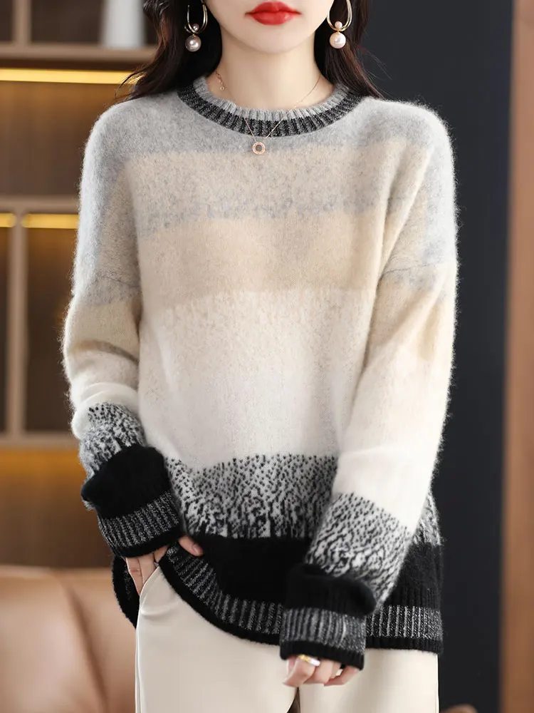 Autumn Winter Pure Cashmere Wool Knitwear Sweater Women O-neck Pullover Casual Fashion Gradient Color Blocking Lazy Loose Tops