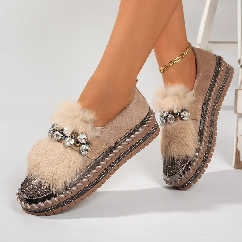 Winter Warm Fleece Lined Women's Sneakers Comfort Thick Sole Loafers 2026 New Rhinestone Decor Casual Women Shoes Tenis De Mujer