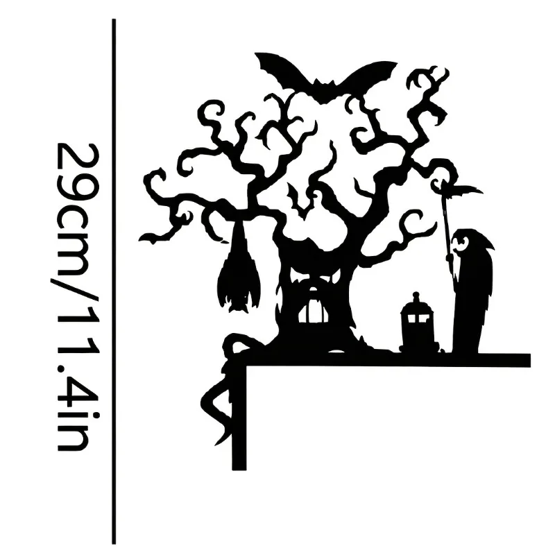 CIFBUY Gothic Iron Art Wall Decor Spooky Tree Ornament with Witches Bats Broom Lantern Sunproof Hanging for Door Frame Window