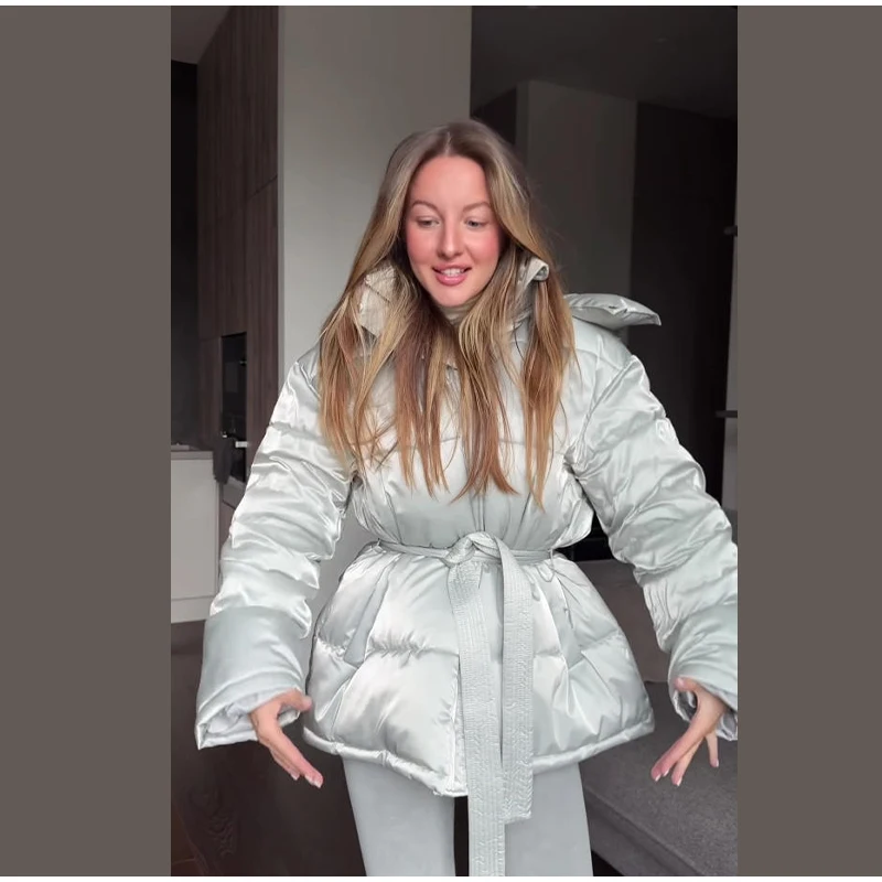 Chic Reflective Fabric Lace Up Hooded Cotton Jacket Women Stand Collar Full Sleeve Zipper Warm Overcoat 2026 Winter Lady Outwear