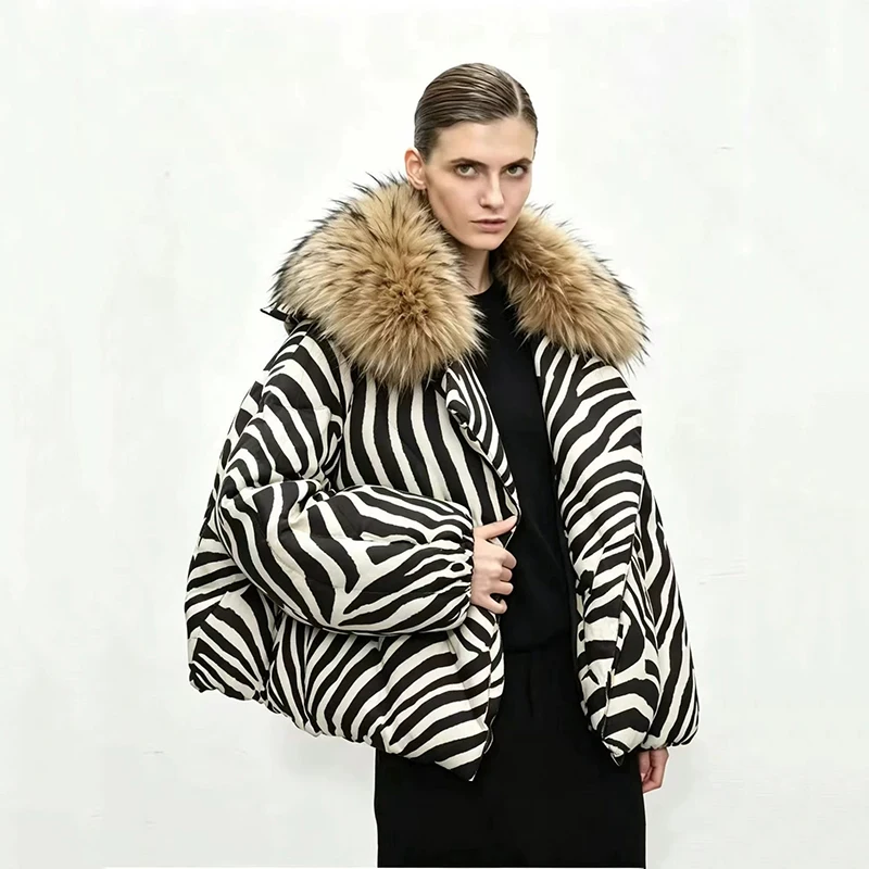 Winter White Duck Down Outwears Women Leopard Natural Large Fur Collar Down Jacket Female Warm Thickened Quilted Parker Jacket