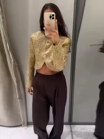 Chic Tweed Style Metallic Thread Jacket Gold Cropped Length Long Sleeve 2025 Autumn Elegant Women Outerwear Fashion Party Jacket