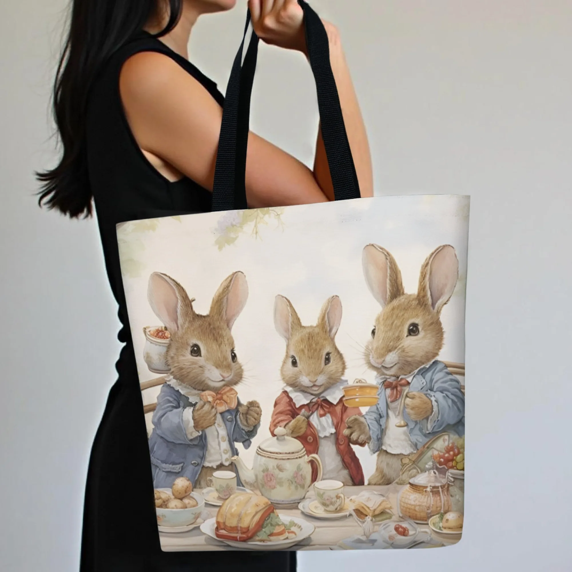 

Vintage Fairy-Tale Royal Rabbit Tea Party Canvas Tote Bag Whimsical Animal Print Reusable Shoulder Bag Gift for Storybook Lover