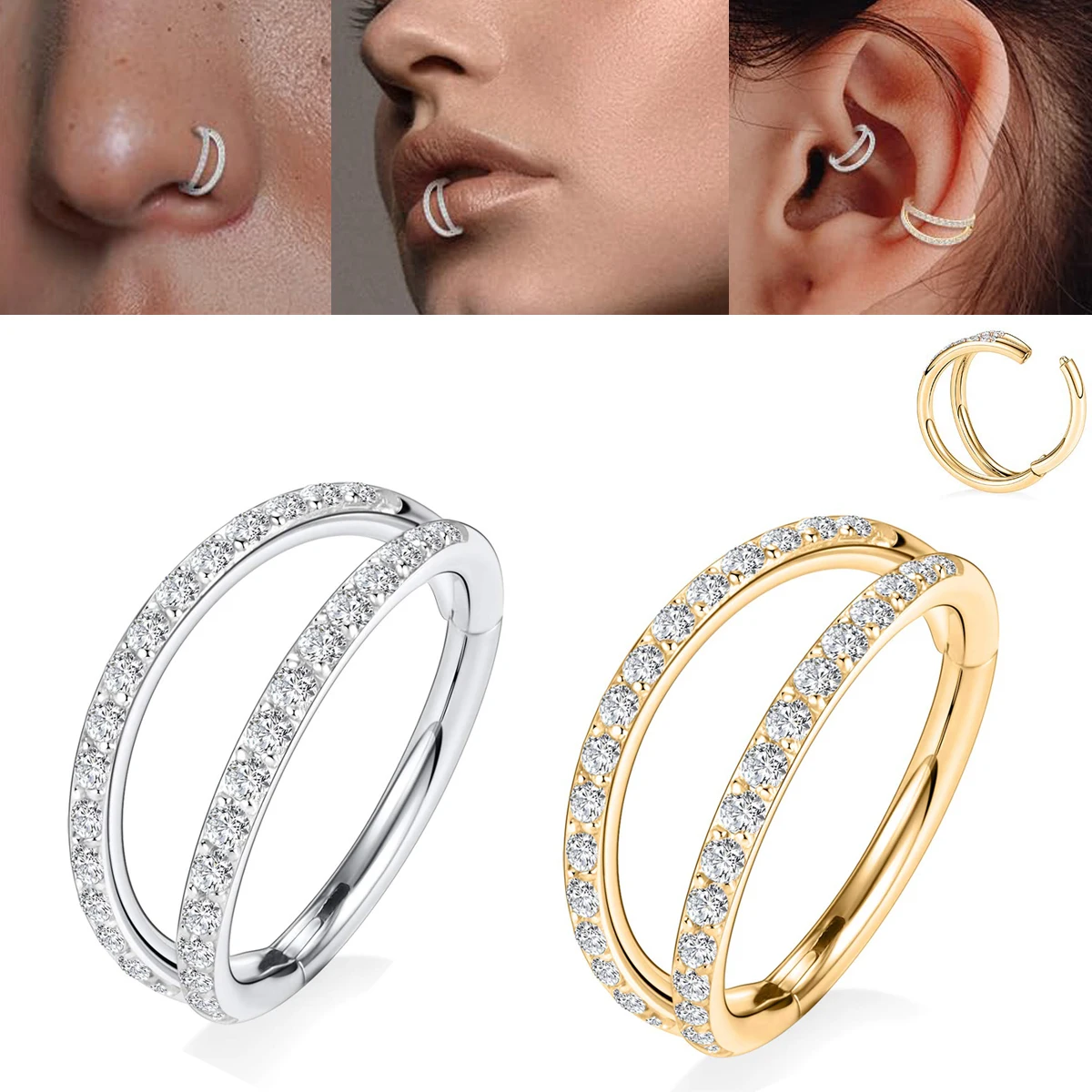Zircon Double Hoop Nose Ring Hoop Lip Rings Eyebrow Helix Tragus Earring Studs Cartilage Tragus Helix Earrings Belly Piercing