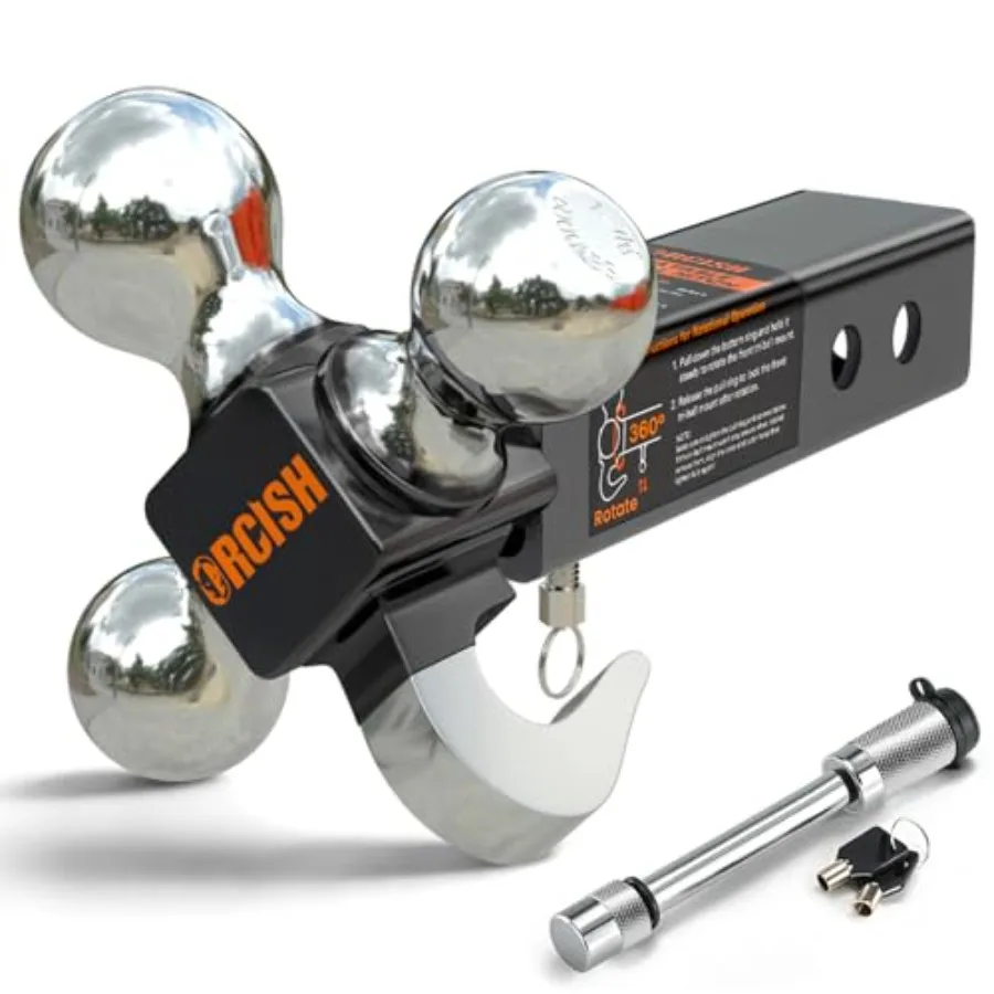 

360 Swivel Trailer Hitch Tri-Ball Mount with Heavy Duty Hook Anti-Theft Lock Chrome-Plated Fits 1-7/8 2 2-5/16 Trailer B