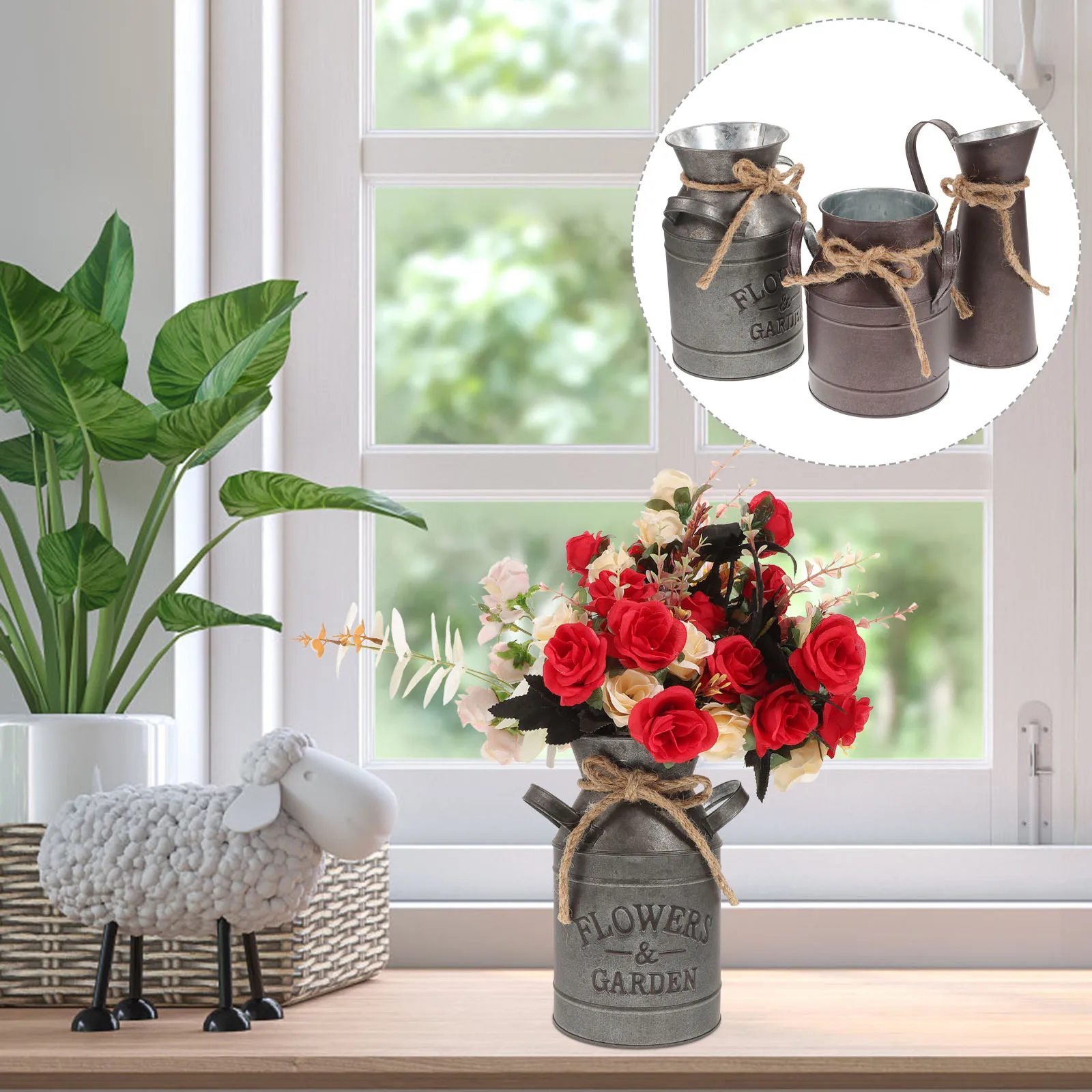 

3pcs Flower Bucket Retro Iron Vintage Style Decorative Home Garden Office Gift Family Metal Flower Vase Rural Style Milk