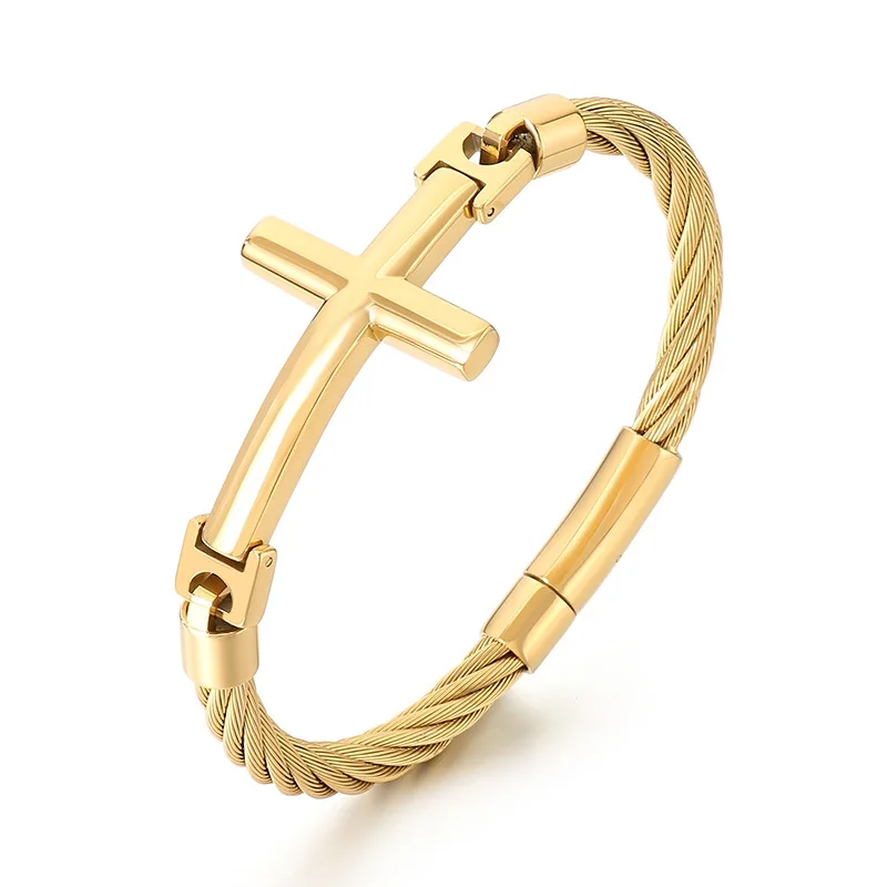 44g Weight Stainless Steel Cable Wire Chain Cross Bracelet Cuff Bangle For Mens Women Cool Jewelry 6mm
