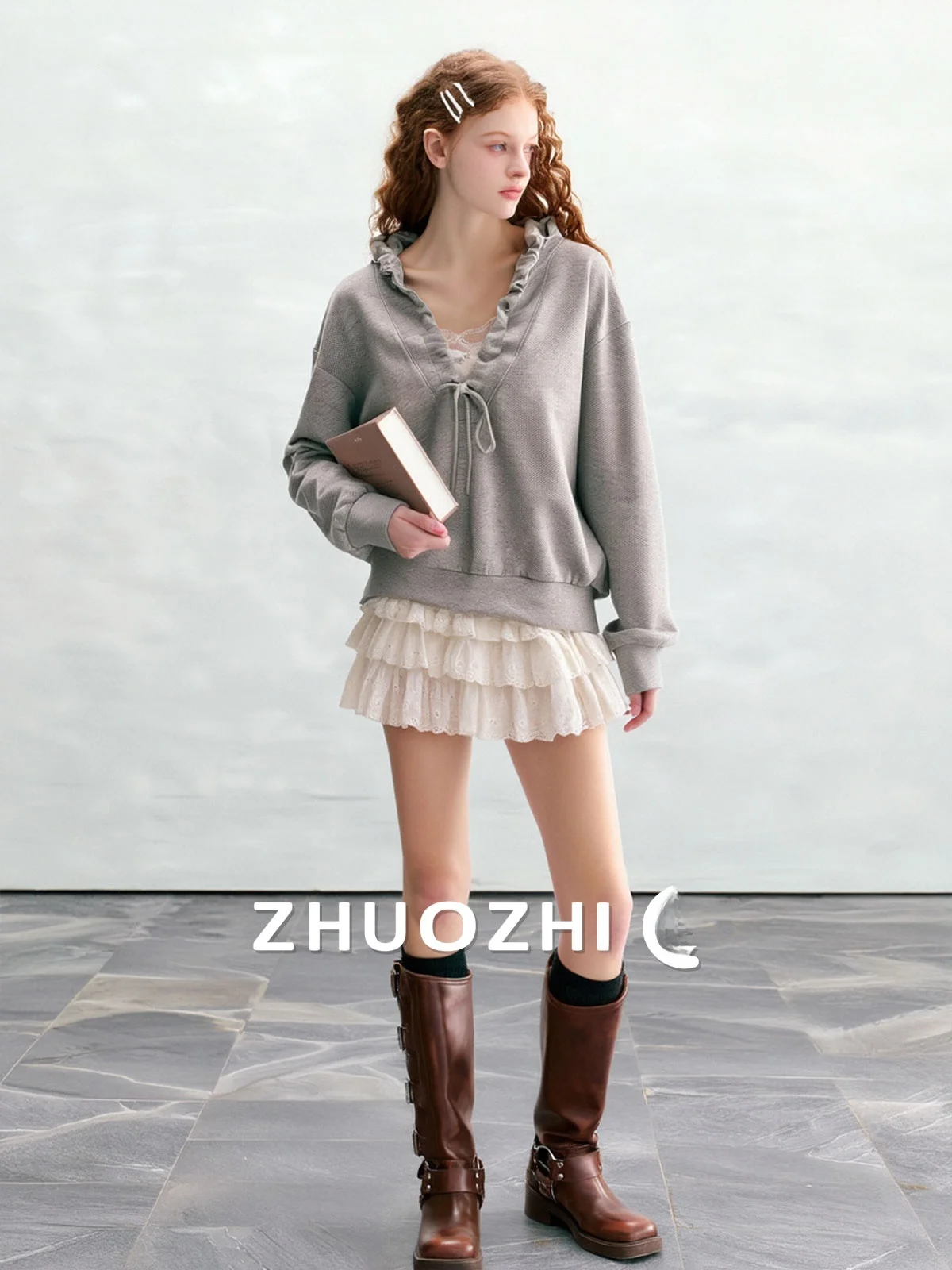 

Женская толстовка ZhuoZhi в корейском стиле с V-образным вырезом, свободного кроя, с уникальными кружевными вставками, весна 2026, повседневная, с длинными рукавами, из хлопка