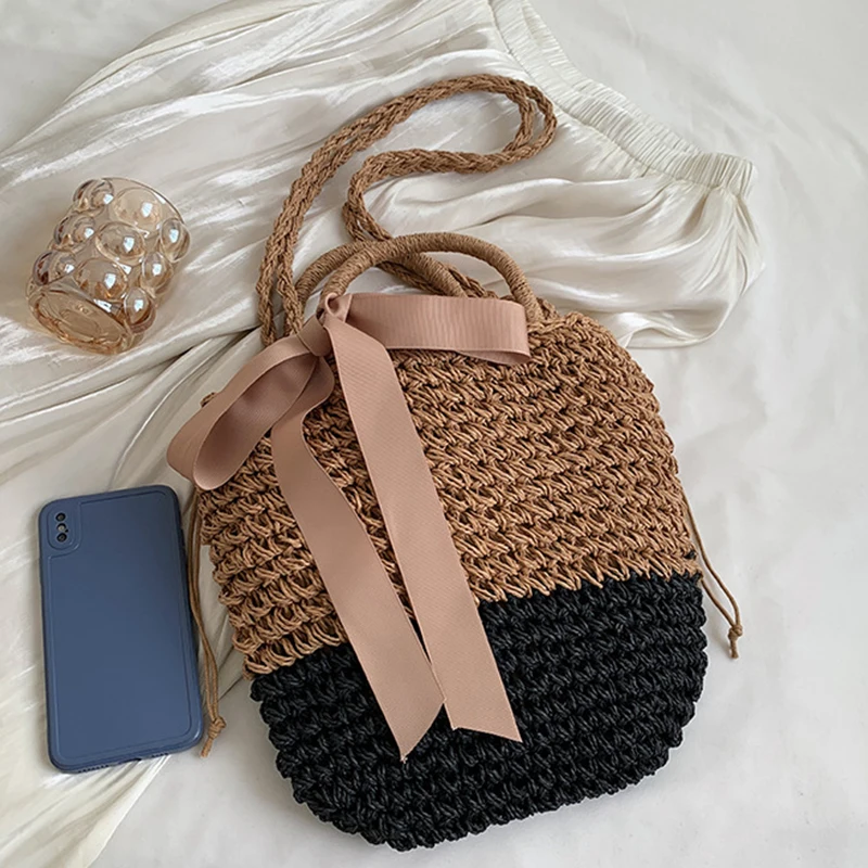 Bow Decors Bucket Shoulder Bags Handmade Straw Hollow out Bag Summer Female Travel Beach Bag Purse Vintage Handbags Bolsa