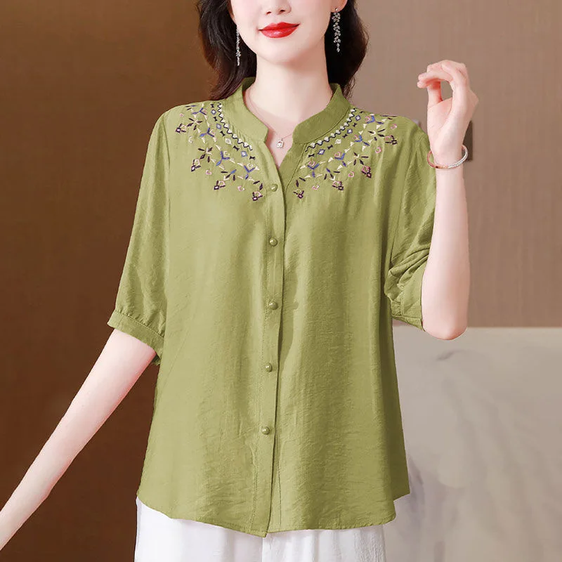 2024 New Summer Chinese Style Retro Women\'s Shirt Loose Casual Elegant Fashion Cotton Linen Embroidery Stand-up Collar Chic Tops