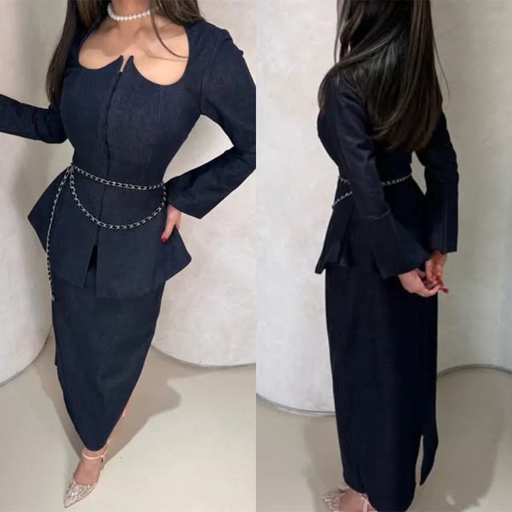 High Quality Customized Belt Woman Blue Full Sleeves Straight Vestido De Festa Casamento Weddings.dress Guests فساتين براندات