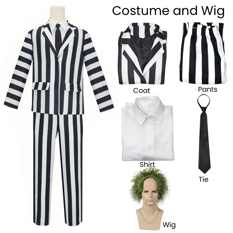 Anime Cosplay Beetle Juicee Men Black and White Striped Suit Scary Halloween Costumes Wig Tie Shirt for Cosplay Party