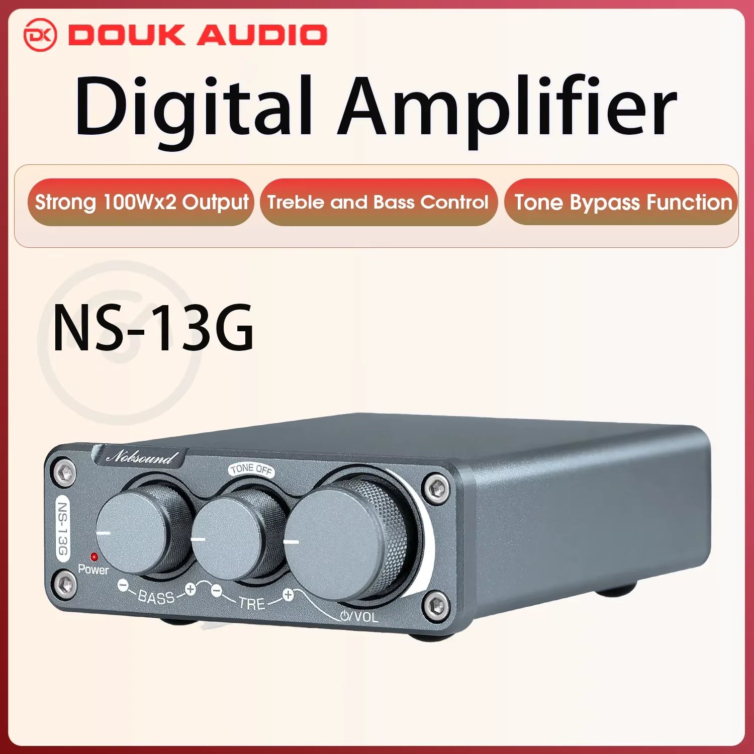 Douk Audio NS-13G Mini Class D Verstärker TPA3116 Desktop-Stereo-Leistungsverstärker mit Klangregelung 100W+100W