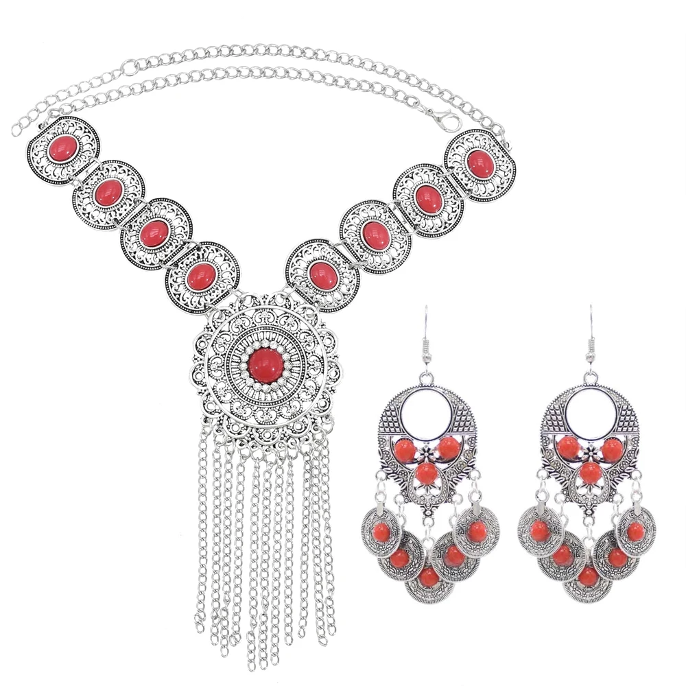 Bohemian Gypsy Vintage Coin Red Bride Wedding Drop Earrings Choker Necklace Set For Women Afghan Turkish Indian Jewelry Sets