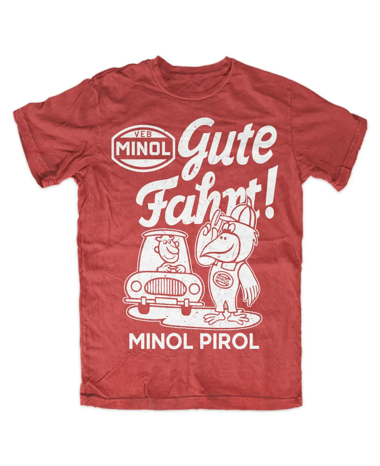 VEB MINOL PIROL T Shirt RED Ostalgia retro GDR IFA advertising Simson Trabant