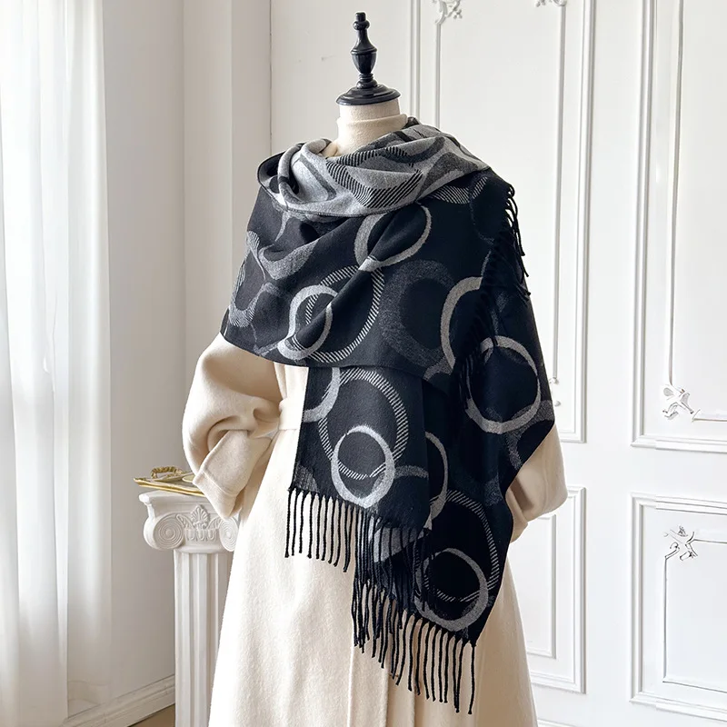 Women Luxury Faux Cashmere Winter Scarf Double Sided Circle Geometric Pattern Thick Warm Fringe Shawl Wrap Bufanda Lujo Mujer