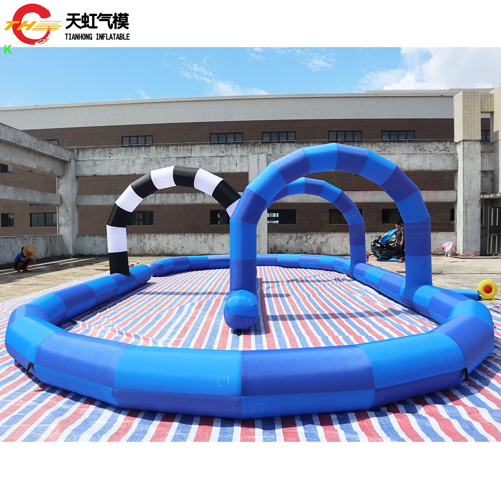 Pista de carreras de bola Zorb inflable azul, tela Oxford, pista de carreras de Gokart inflable con soplador, 12x6m, envío rápido por aire