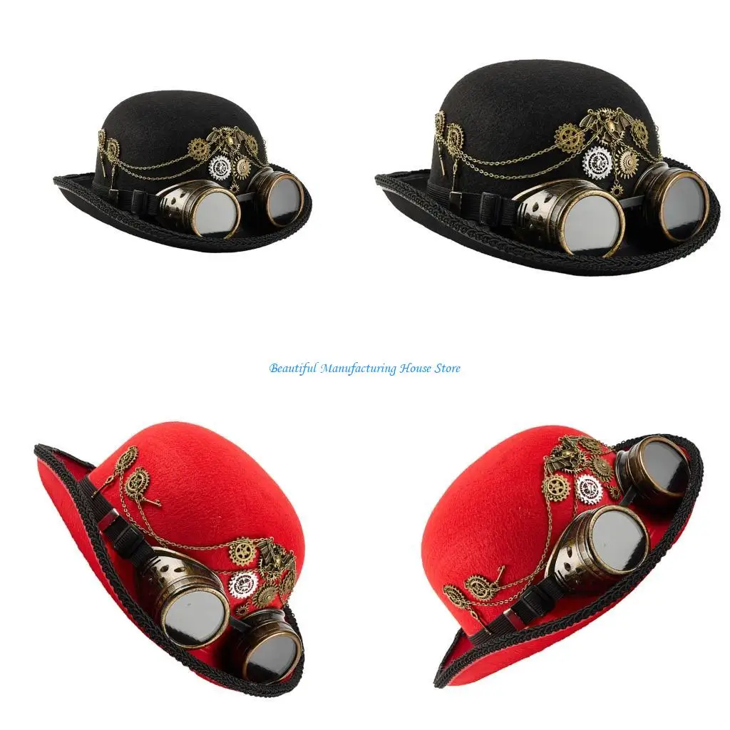 E56A Victorian Theme Steampunk Tall Hat With Removeable Goggles and Gear Detailing for Music Festival and Stage Performances