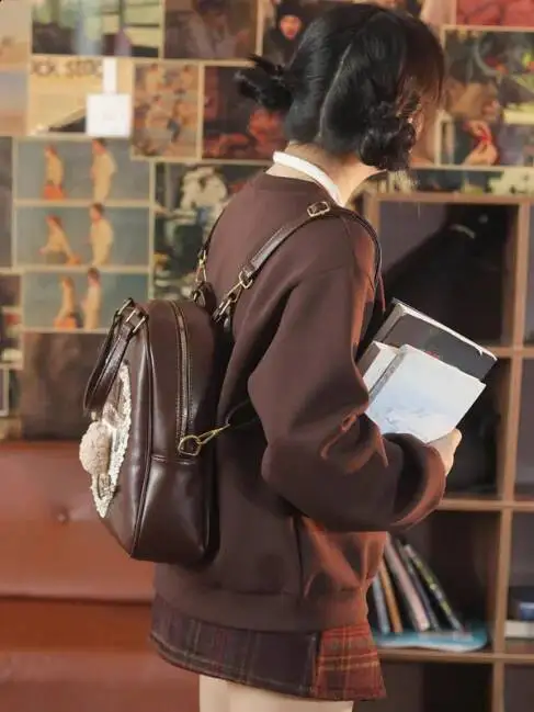 Bloom College Style Lolita Coffee Backpack Women Sweet Cute Lace Bear Large Capacity Schoolbag Student Y2k Backpacks Female