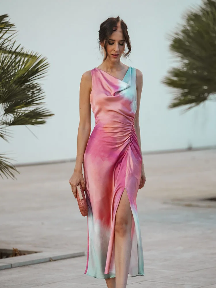 Hh feminino novo chique elegante cetim impressão tie dye midi vestido mulher moda noite sem mangas bainha dobras vestidos