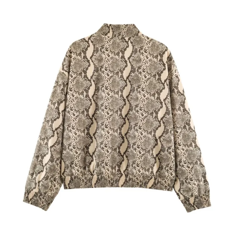 Women's Snake Lines Print Jackets Autumn Vintage Stand Neck Long SLeeve Elastic Hem Coat Casual Female Fashion Streetwear Tops